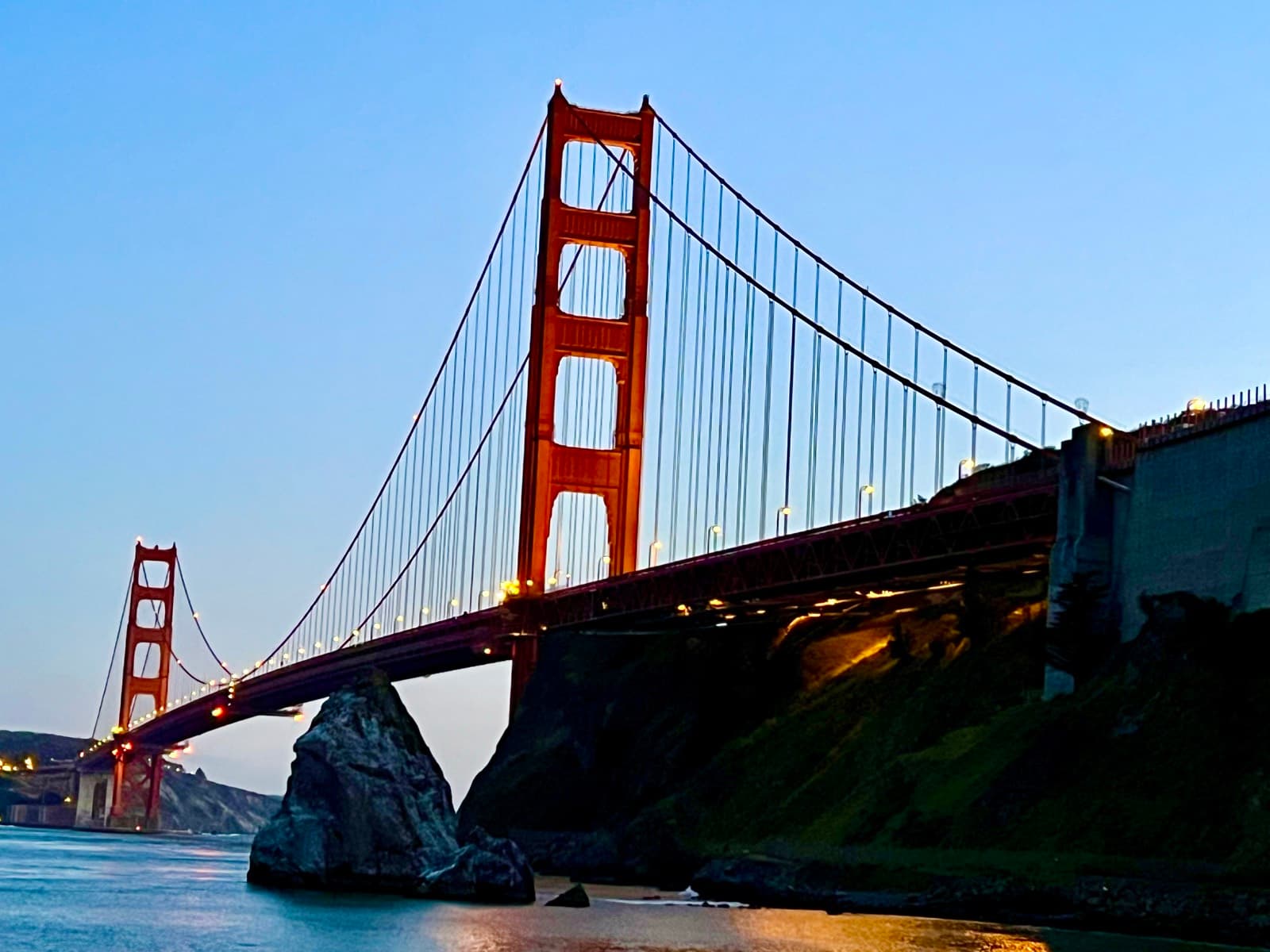 The Golden Gate Bridge at dusk, the gateway between San Francisco and Marin County