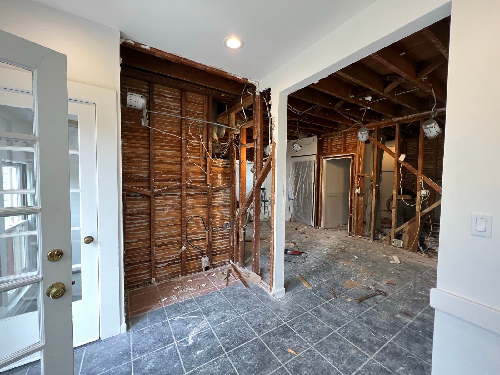 Walls stripped back to the original board sheathing during demolition