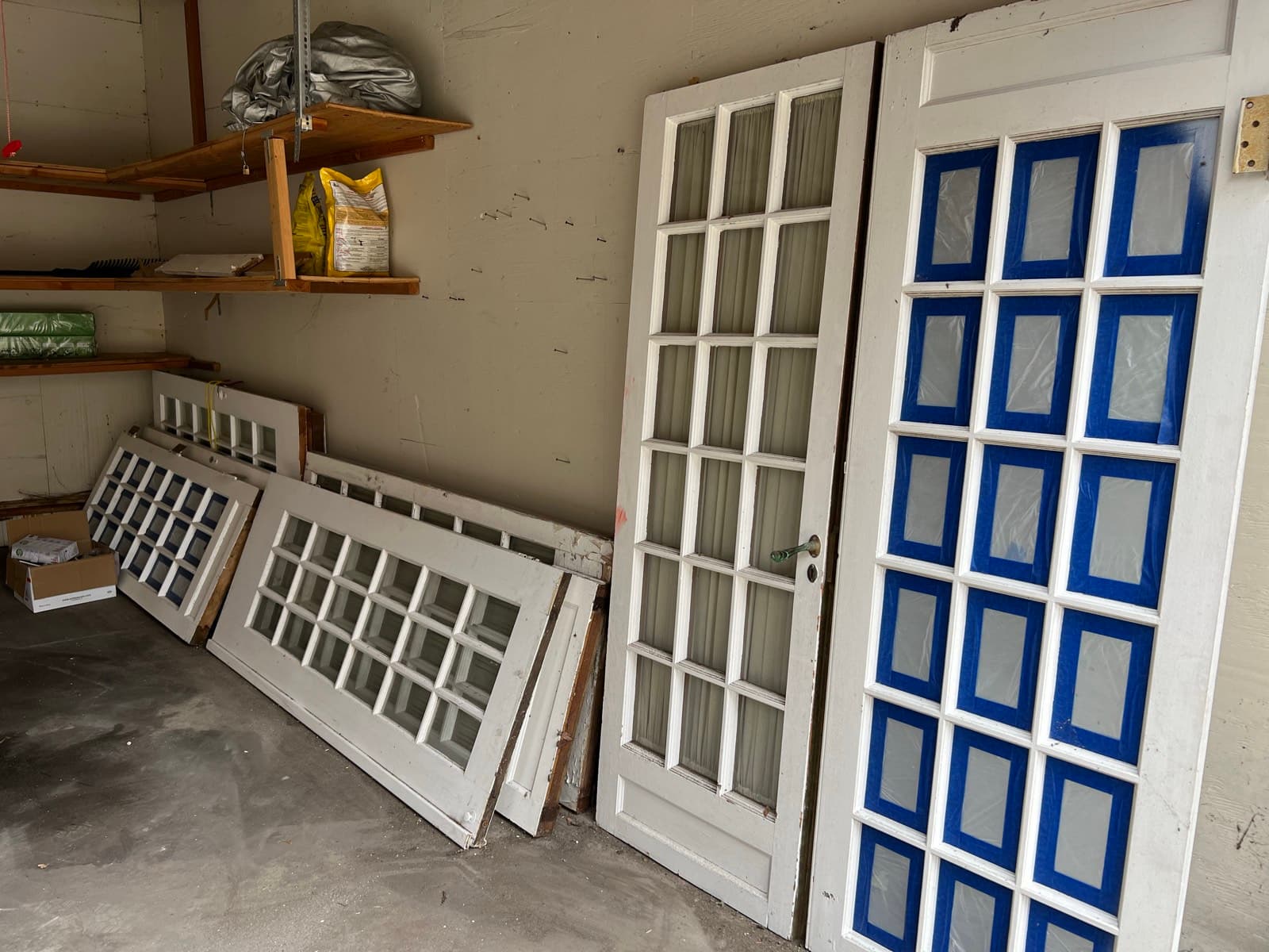 The original french doors, found stacked in the garage and restored